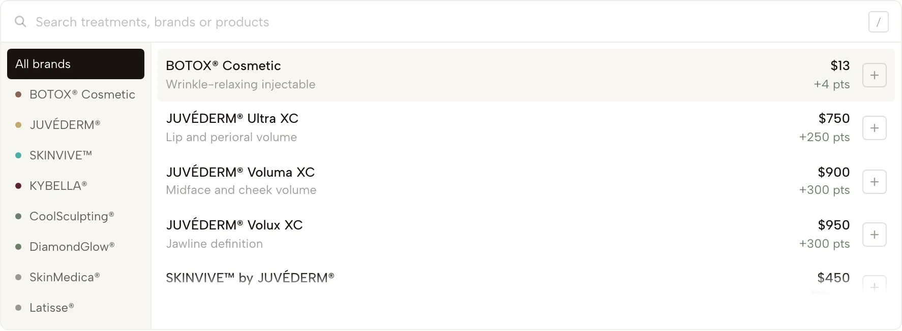 The catalog picker: a brand rail beside a searchable item list with price and points