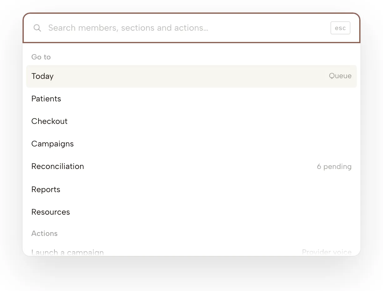 The command palette: every destination and every member, grouped, reachable without the mouse