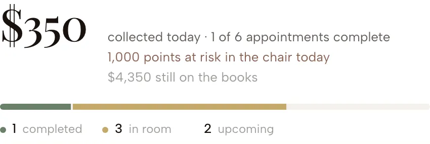 The hero stat: the day's collected figure, the three facts that qualify it, and a segmented completion bar