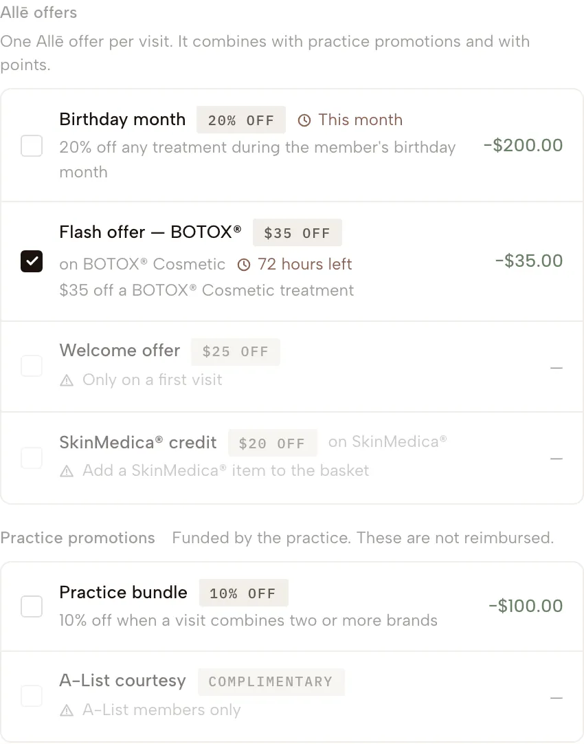 The offer list: one Allē offer applied, two more eligible, and three holding the reason they are not