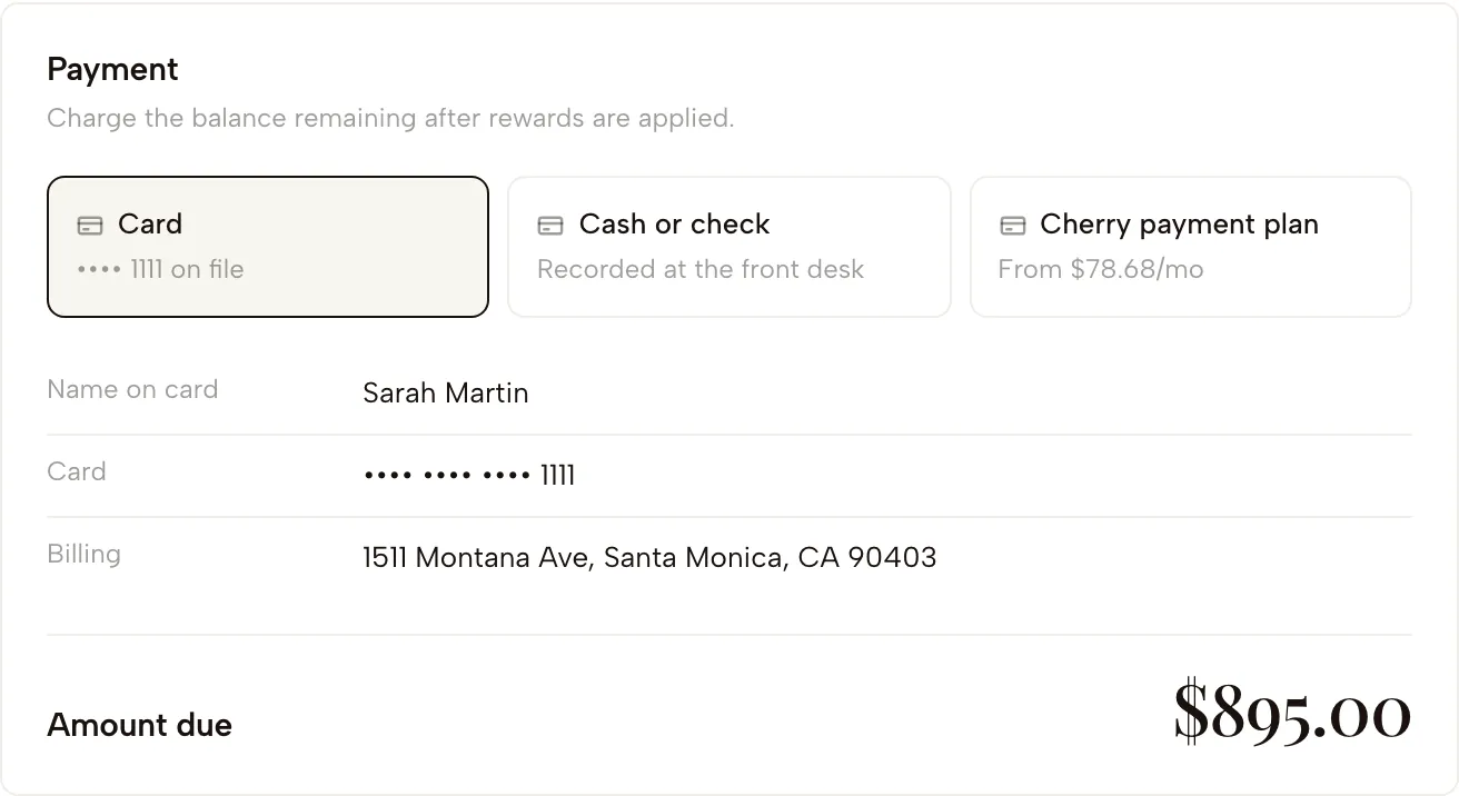 Payment: card, cash or Cherry, with the financing quote and its terms