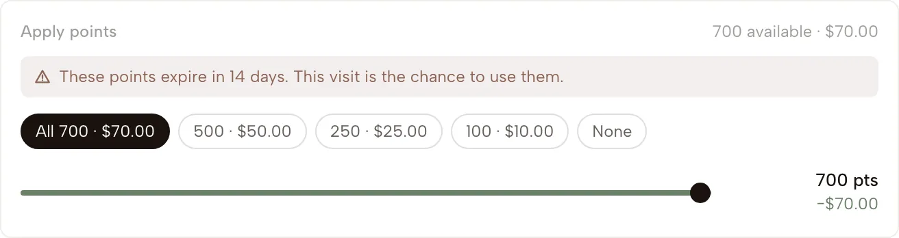 The points slider: expiry warning, preset chips and a sage-filled range at the full balance