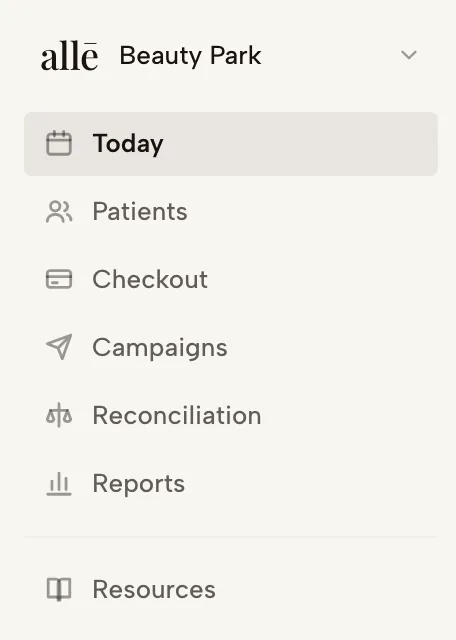 The 232px sidebar: practice switcher, six destinations and resources