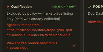 Real Qualification card showing a policy exclusion with cited evidence
