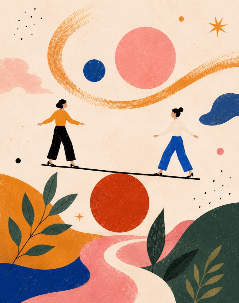 Invisible waves moving between two figures — energy transferring before words, before steps