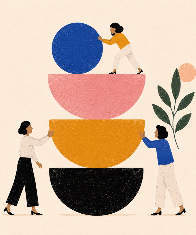 Two figures creating something unexpected — neither person's plan, something better than either arrived with