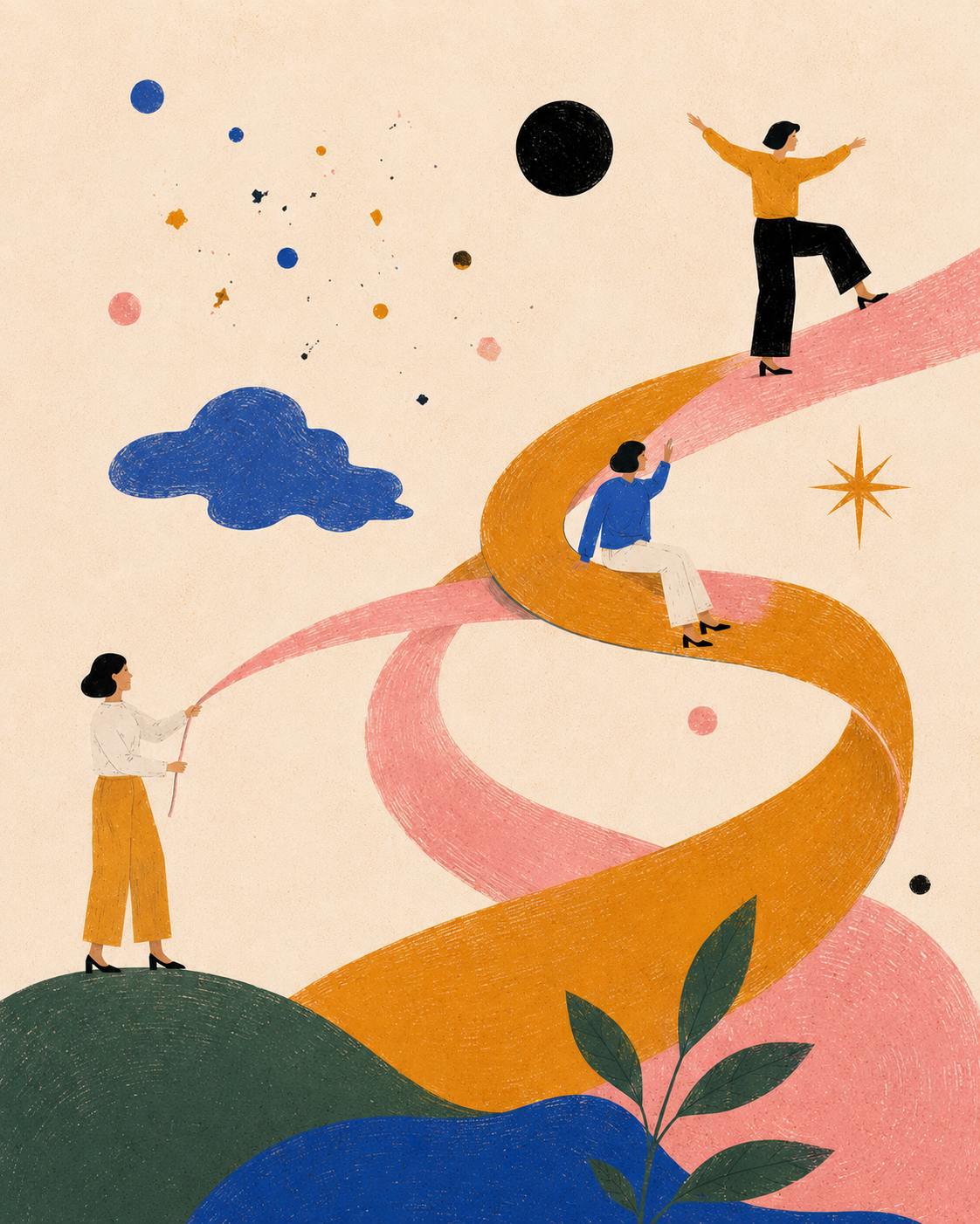 A space opens between two figures — an invitation, not a pull