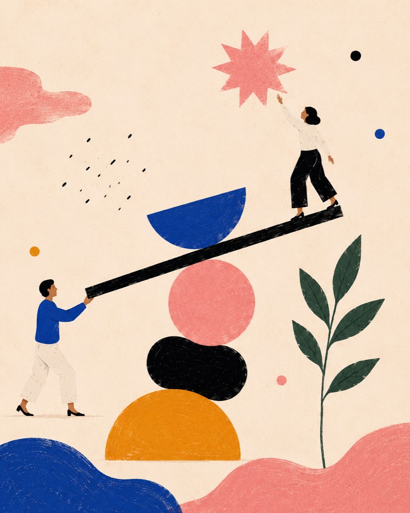 Two pairs of figures — one dragging, one inviting — the difference felt before any step is taken