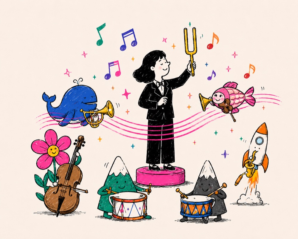 A conductor orchestrates a blue whale, tropical fish, rocket, mountain drums, and forest creatures