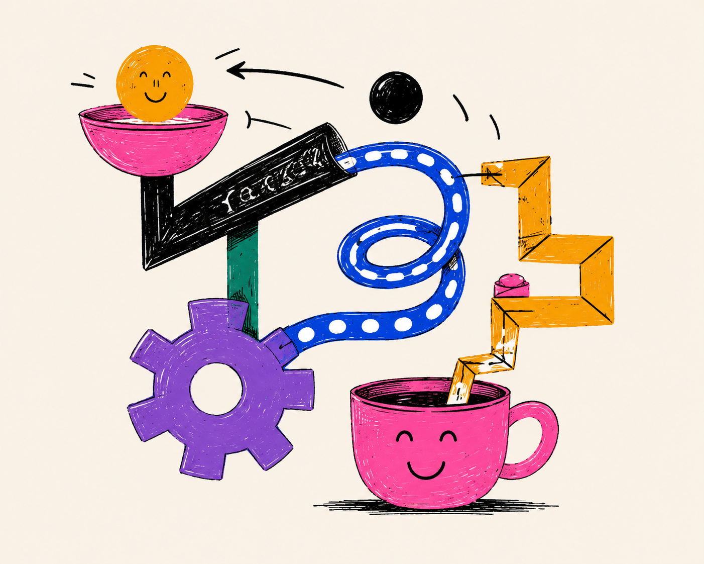 A Rube Goldberg machine — gears, a chalkboard, a smiley cup — the labyrinthine path from intent to interpreted output
