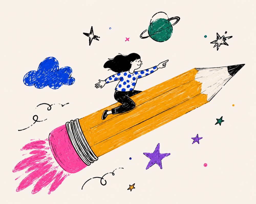 A girl rides a giant pencil like a rocket through the cosmos — design as propulsion, ambition, forward motion